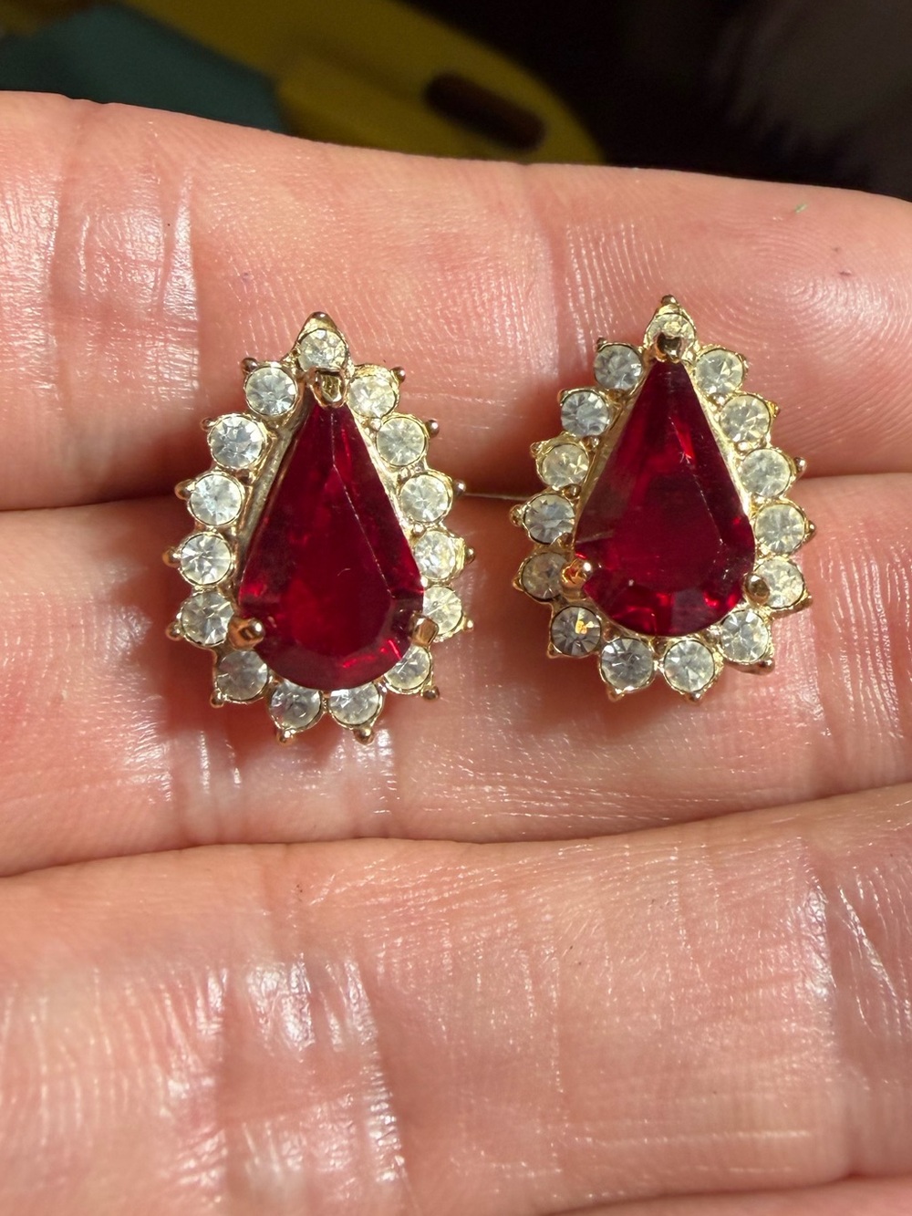 Vintage Monet Gold-Tone Teardrop Ruby Rhinestone Earrings